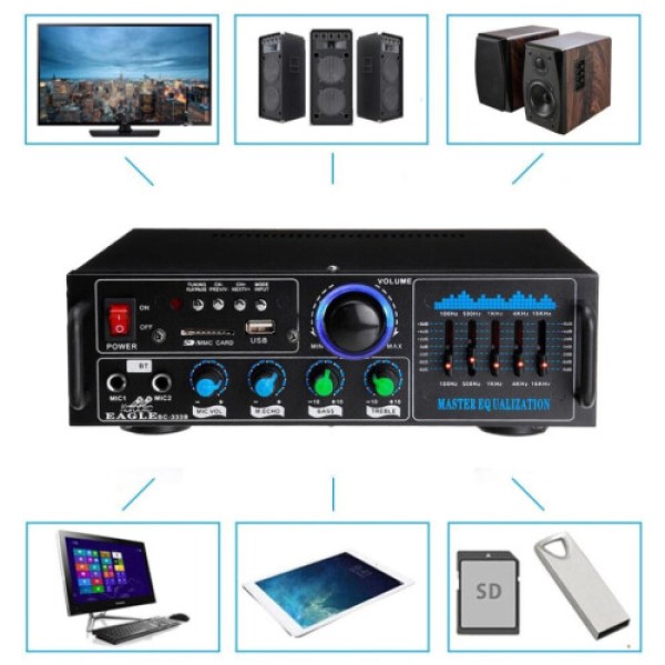 Amplifier Stereo Bluetooth 2000W Mixer Suara Surround 220V Radio FM, AUX, USB, Amplifier Kartu SD Home Theater, Karaoke Remote Control Mikrofon Ganda